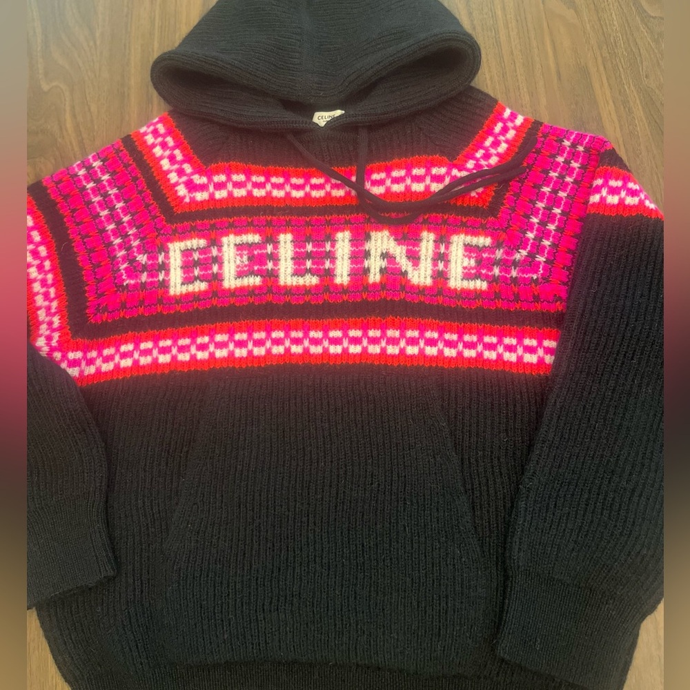 Celine Ski Jacquard Wool Hoodie Sweater XS Oversized Black Pink Made in Italy - Picture 14 of 14